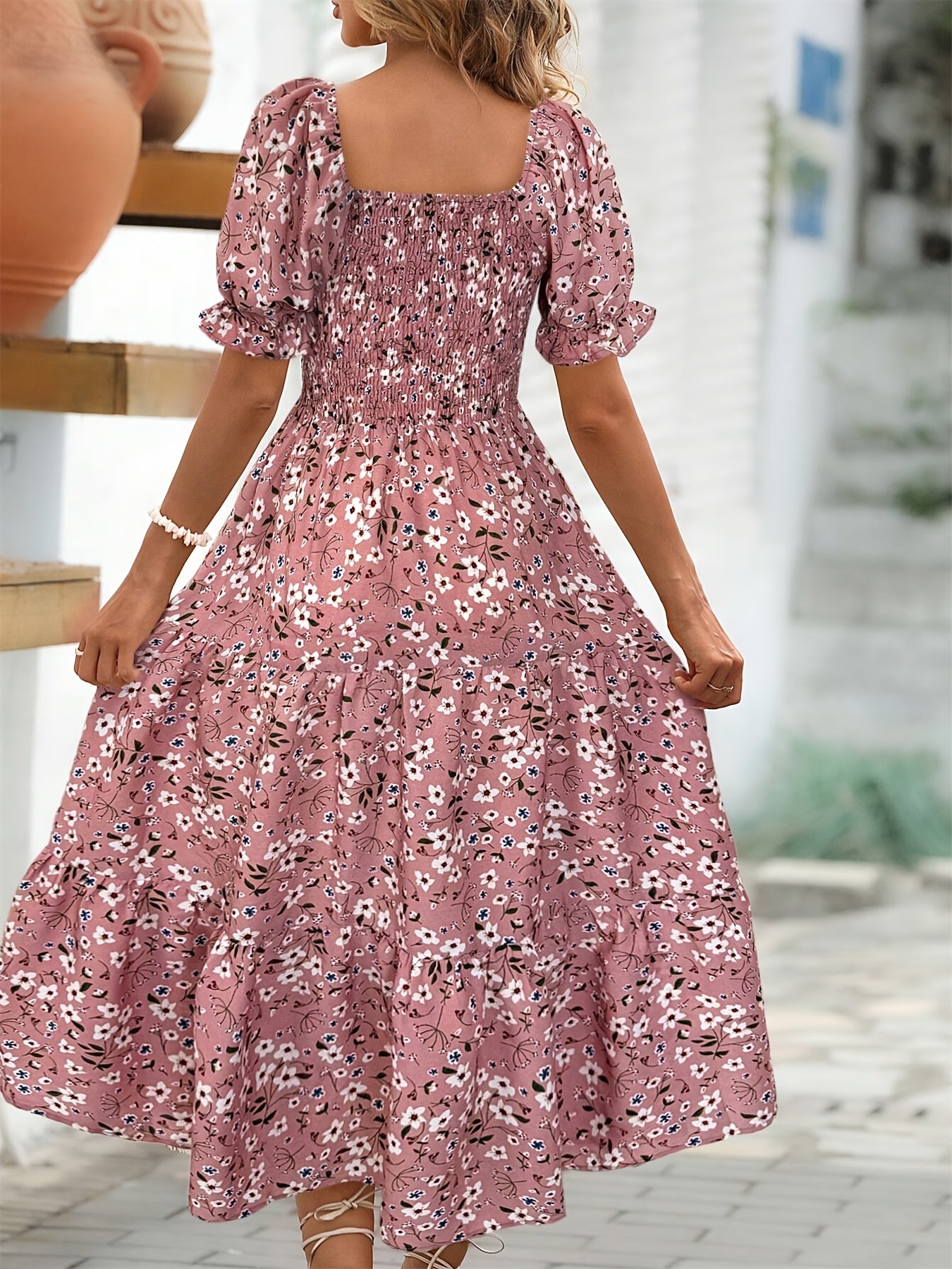 Women'S Elegant Floral Print Midi Dress with Ruffle Sleeves and Square Neck - Loose Fit, Sleeveless, Polyester Lined, Perfect for Spring/Summer, Casual Attire|Floral Print Dress|Polyester Lined Dress